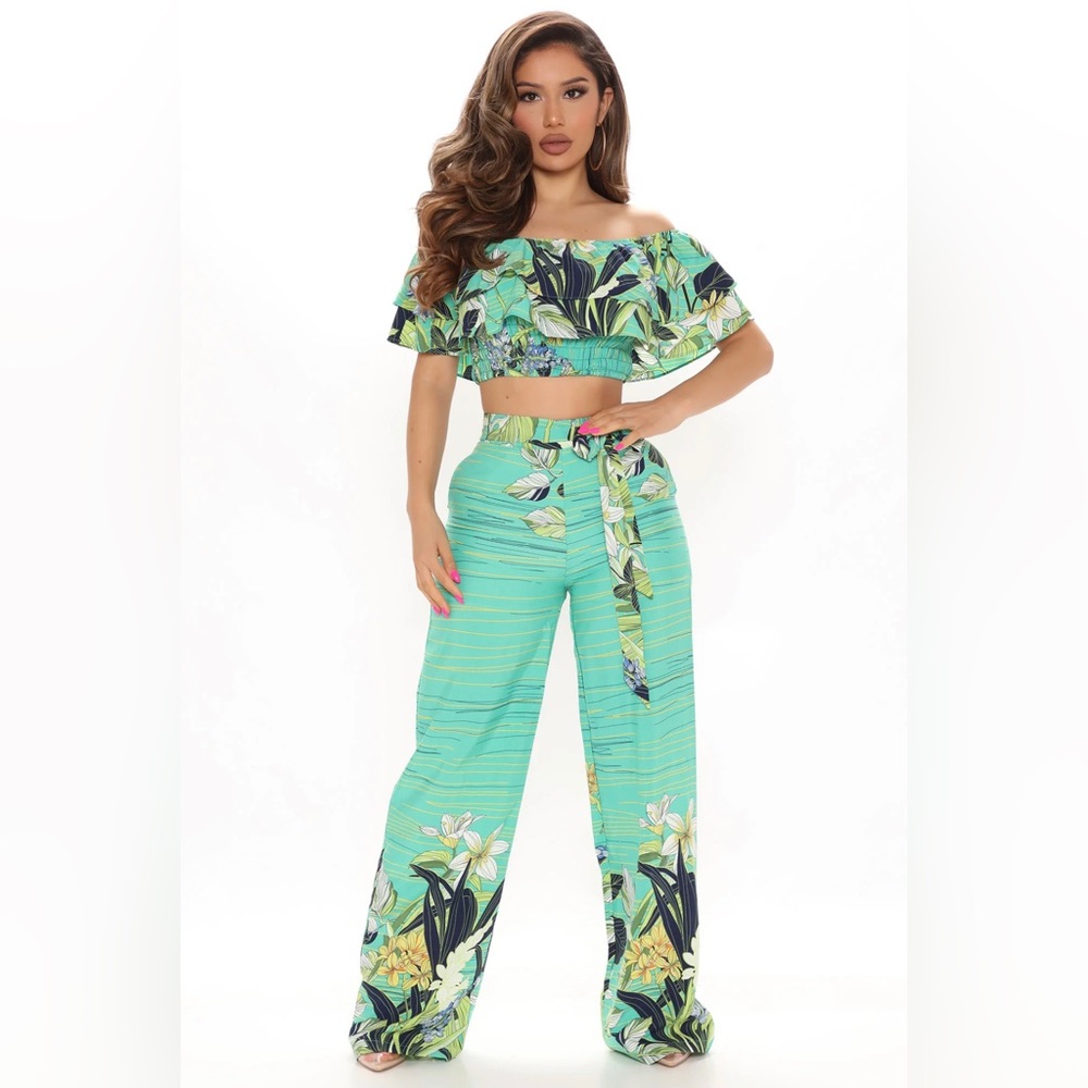 Day In The Sun Floral Pant Set - Green/combo